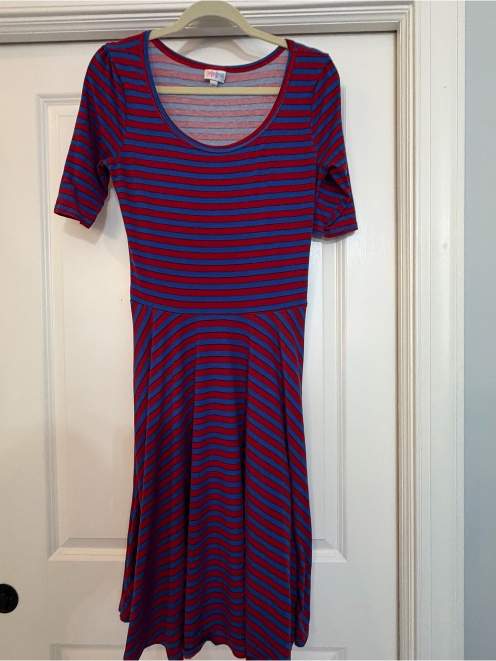 LuLaRoe Red and Blue Striped Scoop-Neck Midi Dress